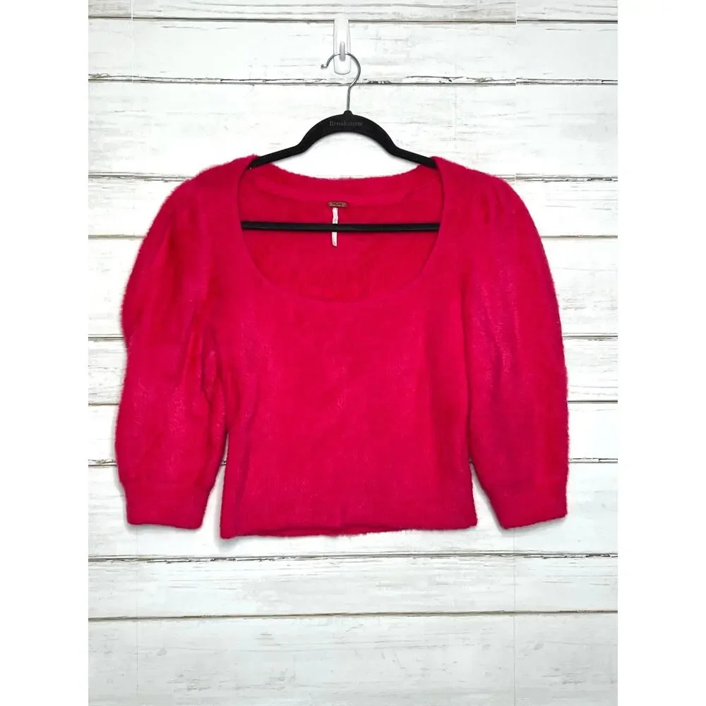 Free People Moonbeam Sweater Small Hot Pink Cropped Puff Sleeve Soft Knit